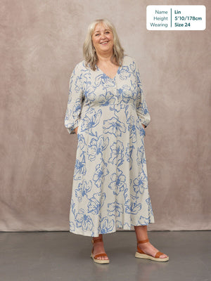 Hilary Printed Linen Mix Dress - Blue Floral