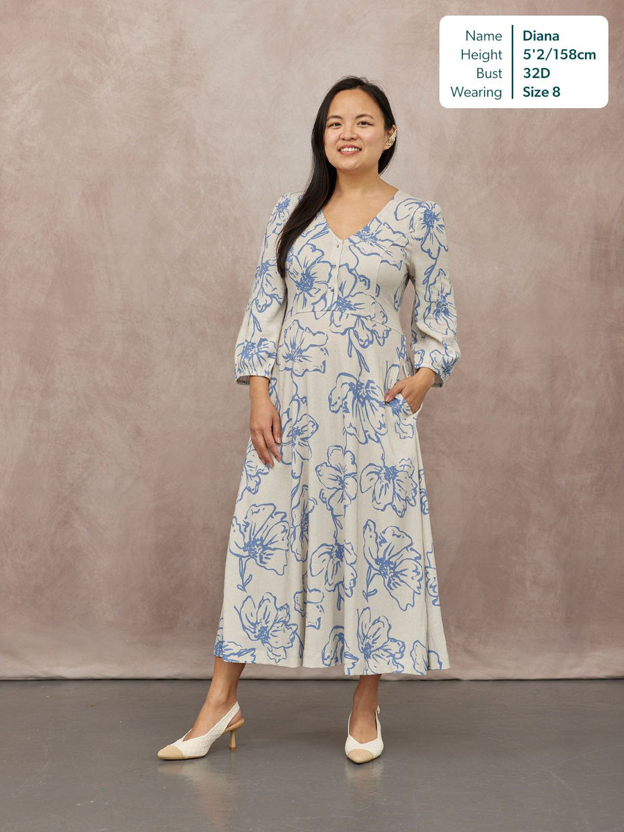 Hilary Printed Linen Mix Dress - Blue Floral
