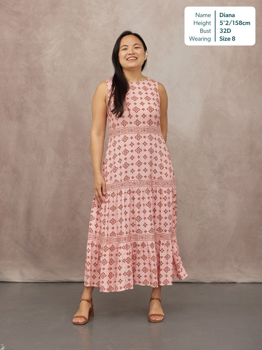 Marie Sleeveless Tiered Dress - Pink & Rust Print