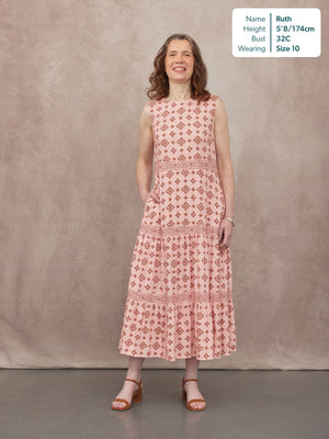 Marie Sleeveless Tiered Dress - Pink & Rust Print