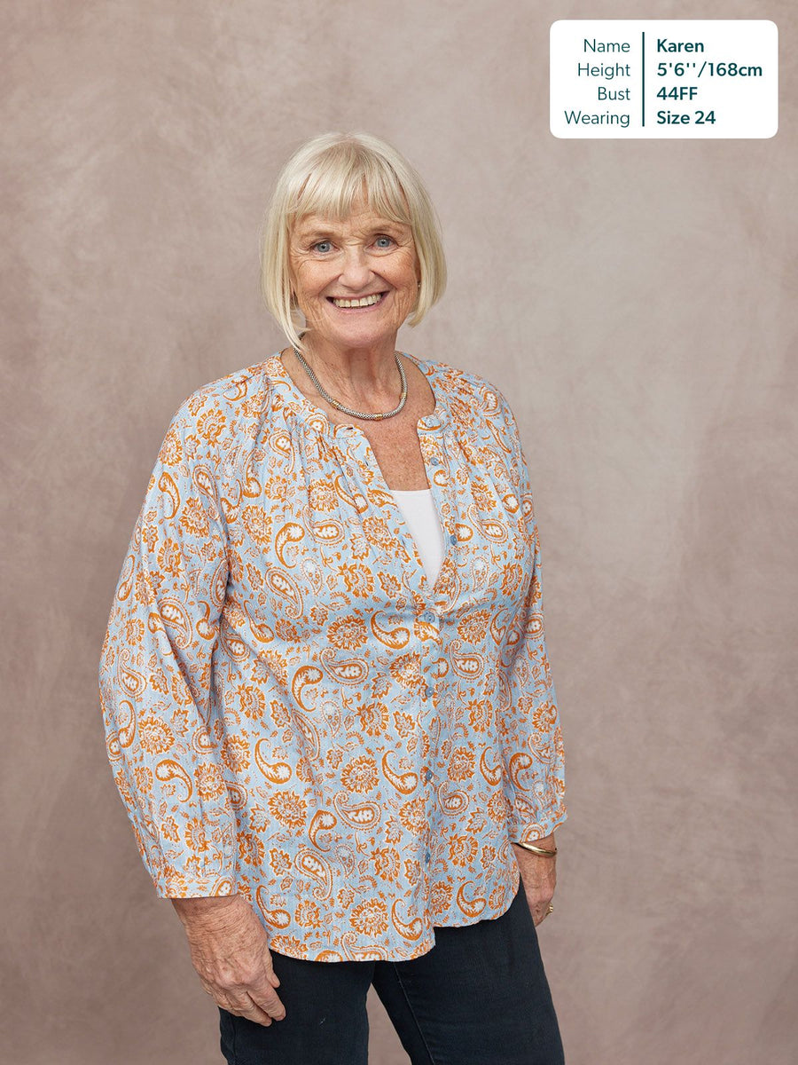 Niya Button-Through Blouse - Light Blue & Orange Paisley Print