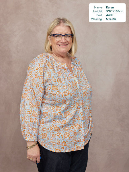 Niya Button-Through Blouse - Light Blue & Orange Paisley Print
