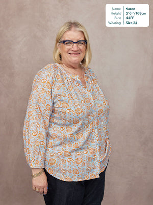 Niya Button-Through Blouse - Light Blue & Orange Paisley Print