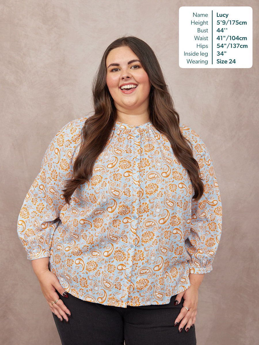 Niya Button-Through Blouse - Light Blue & Orange Paisley Print