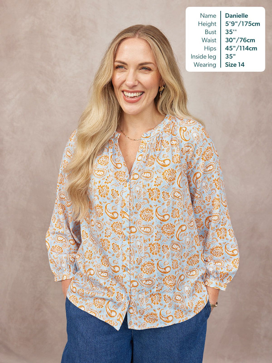 Niya Button-Through Blouse - Light Blue & Orange Paisley Print