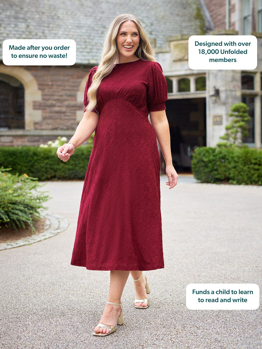 Rachel Puff Sleeve Jacquard Dress - Maroon Red