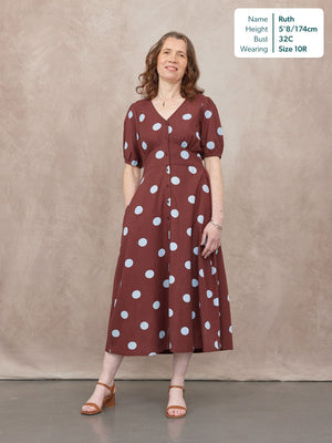 Rodica Puff Sleeve Dress - Brown & Blue Polka Dot