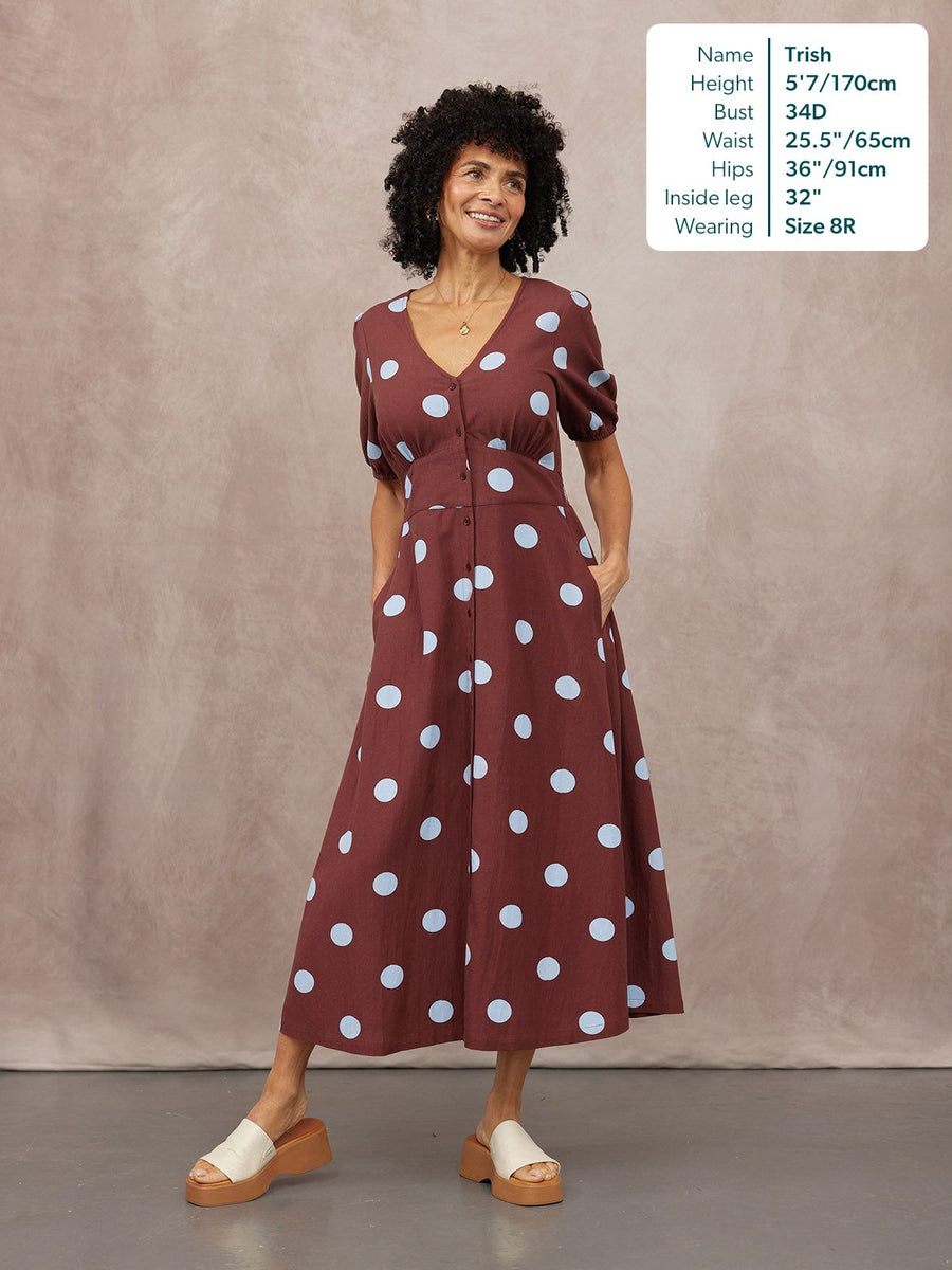 Rodica Puff Sleeve Dress - Brown & Blue Polka Dot