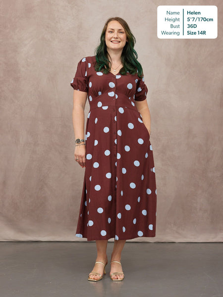 Rodica Puff Sleeve Dress - Brown & Blue Polka Dot