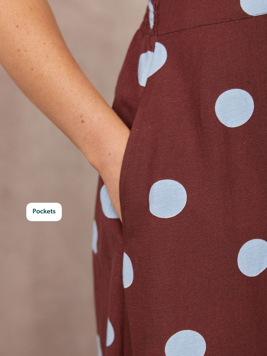 Rodica Puff Sleeve Dress - Brown & Blue Polka Dot
