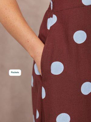 Rodica Puff Sleeve Dress - Brown & Blue Polka Dot