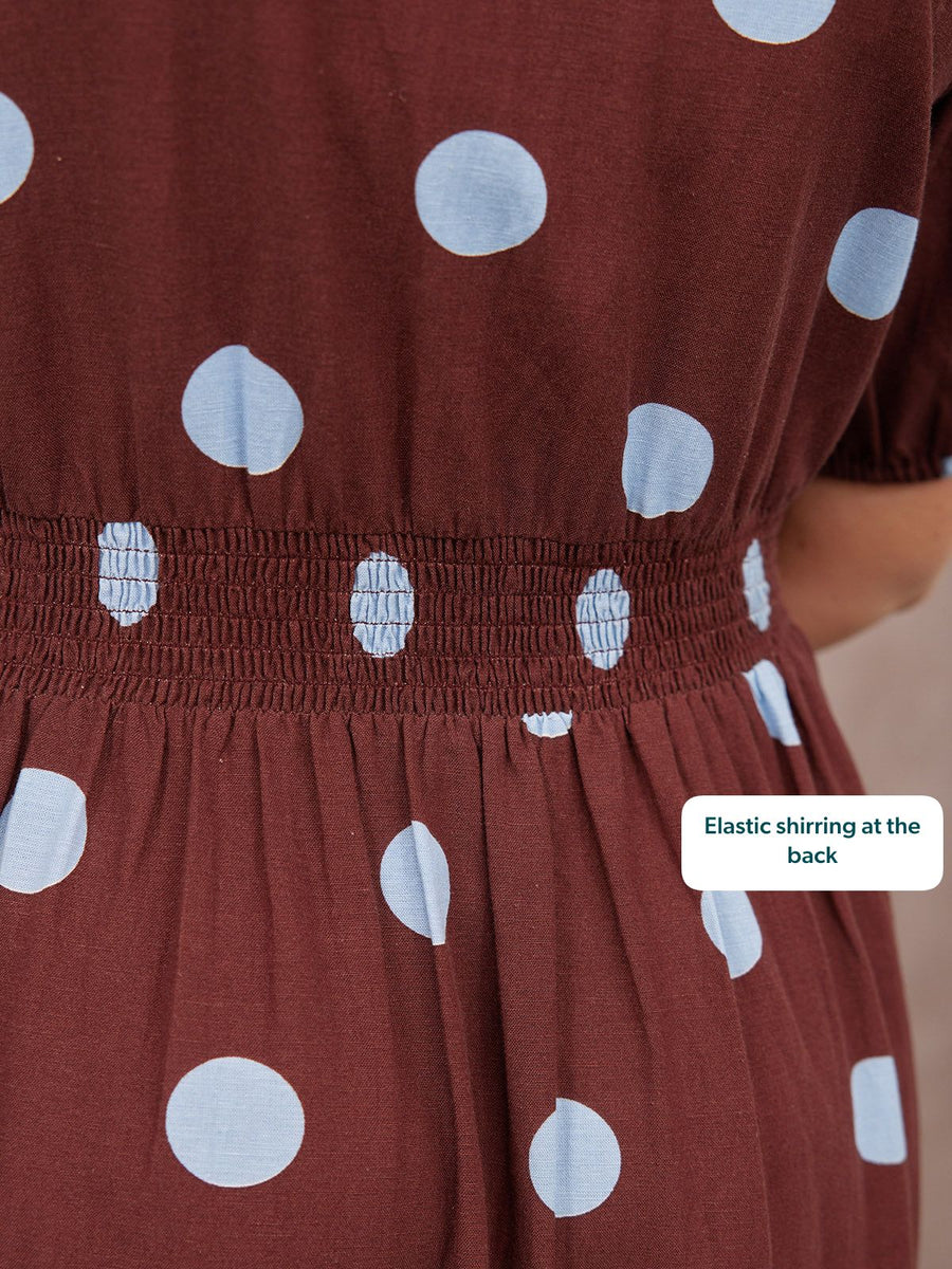 brown dress with blue polka dots Brown Polka Dot Dress OUT OF THE BLUE