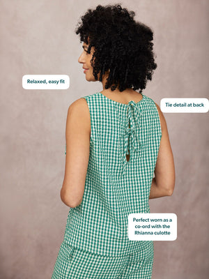 Ruby Tank Top in green gingham, rear view showing tie detail at back neckline, relaxed fit, worn by model against neutral