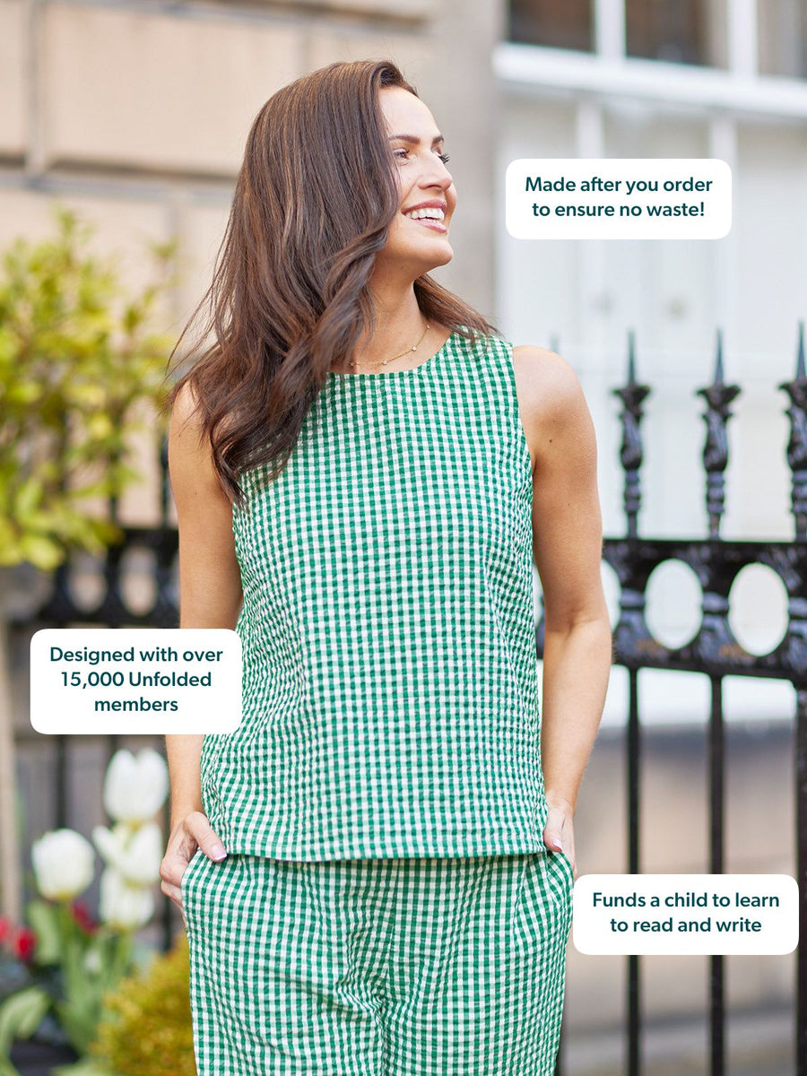 Ruby Tank Top in green gingham seersucker, worn as a co-ord set outdoors