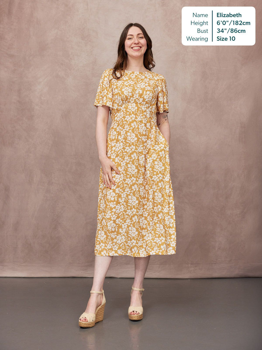 mustard yellow dress with flowers Rupali Angel Sleeve Tea Dress