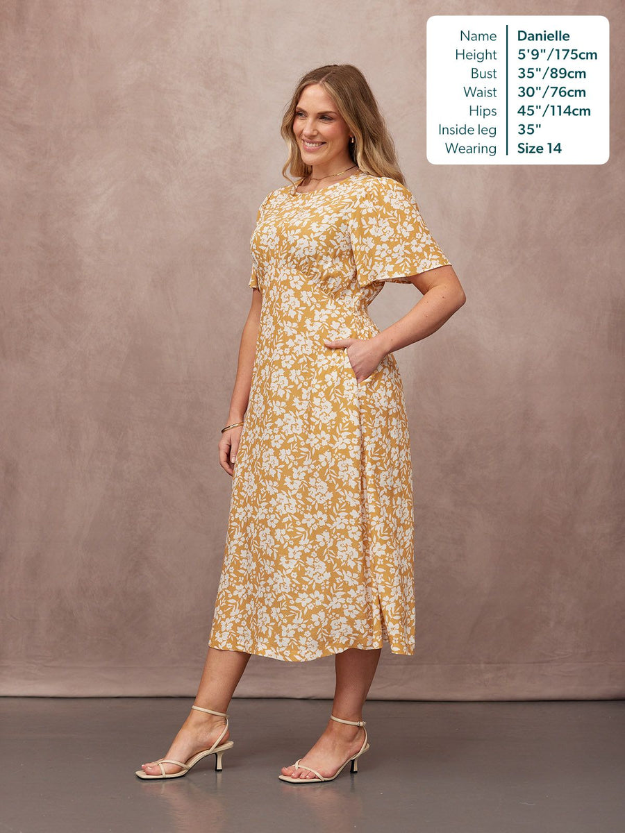Rupali Angel Sleeve Tea Dress - Mustard & Ecru Floral Print