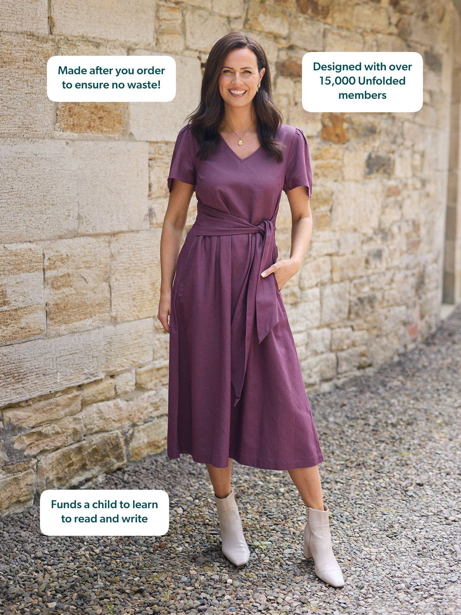Ruth Angel Sleeve Tie Waist Dress - Plum
