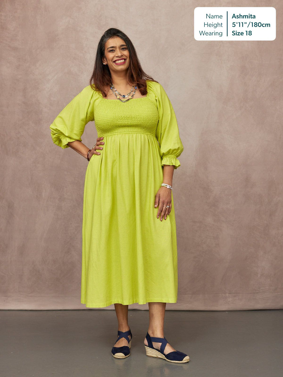 Sam Shirred Dress - Chartreuse