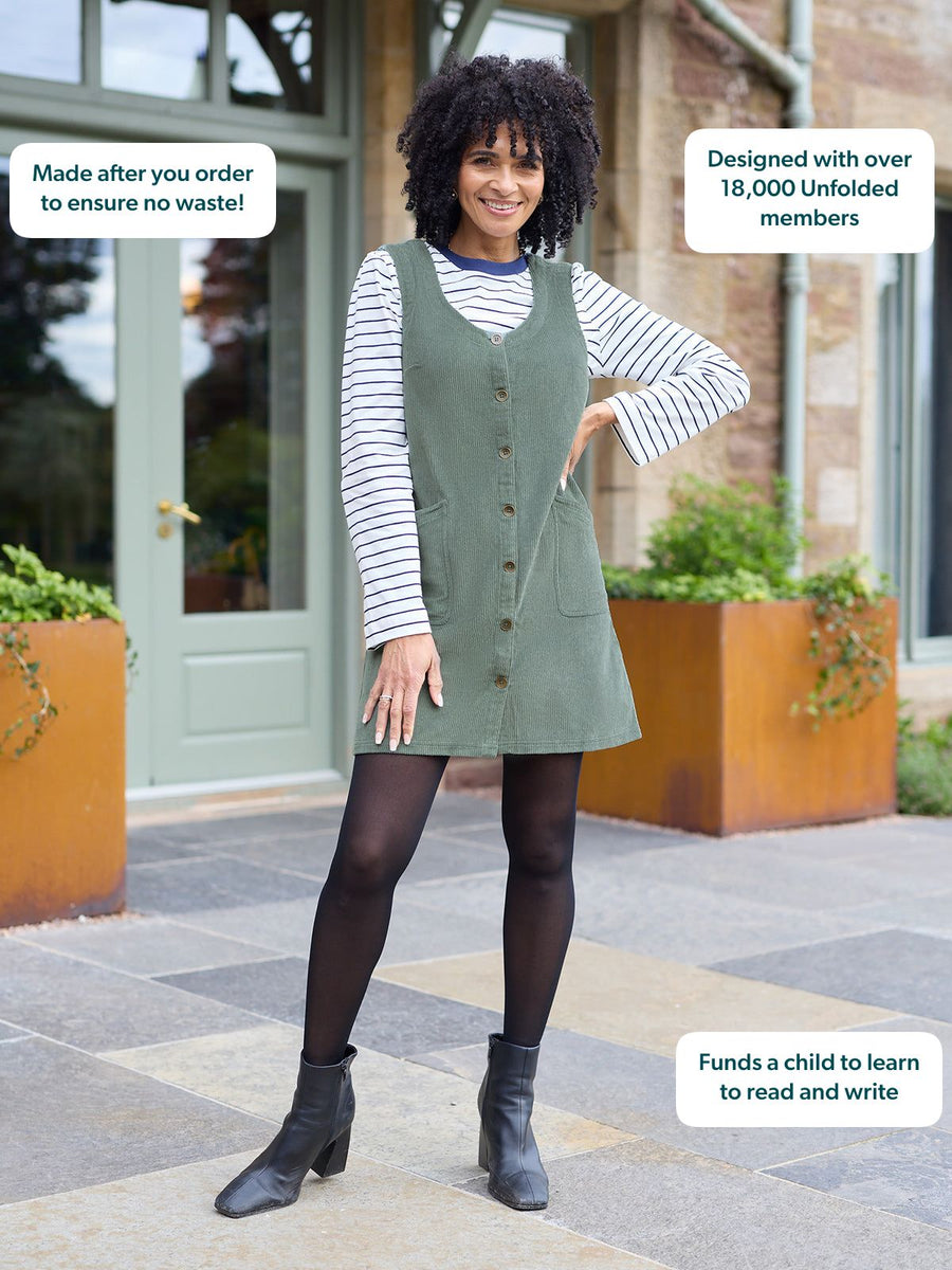 Sandie Round Neck Cord Pinafore Dress - Light Sage