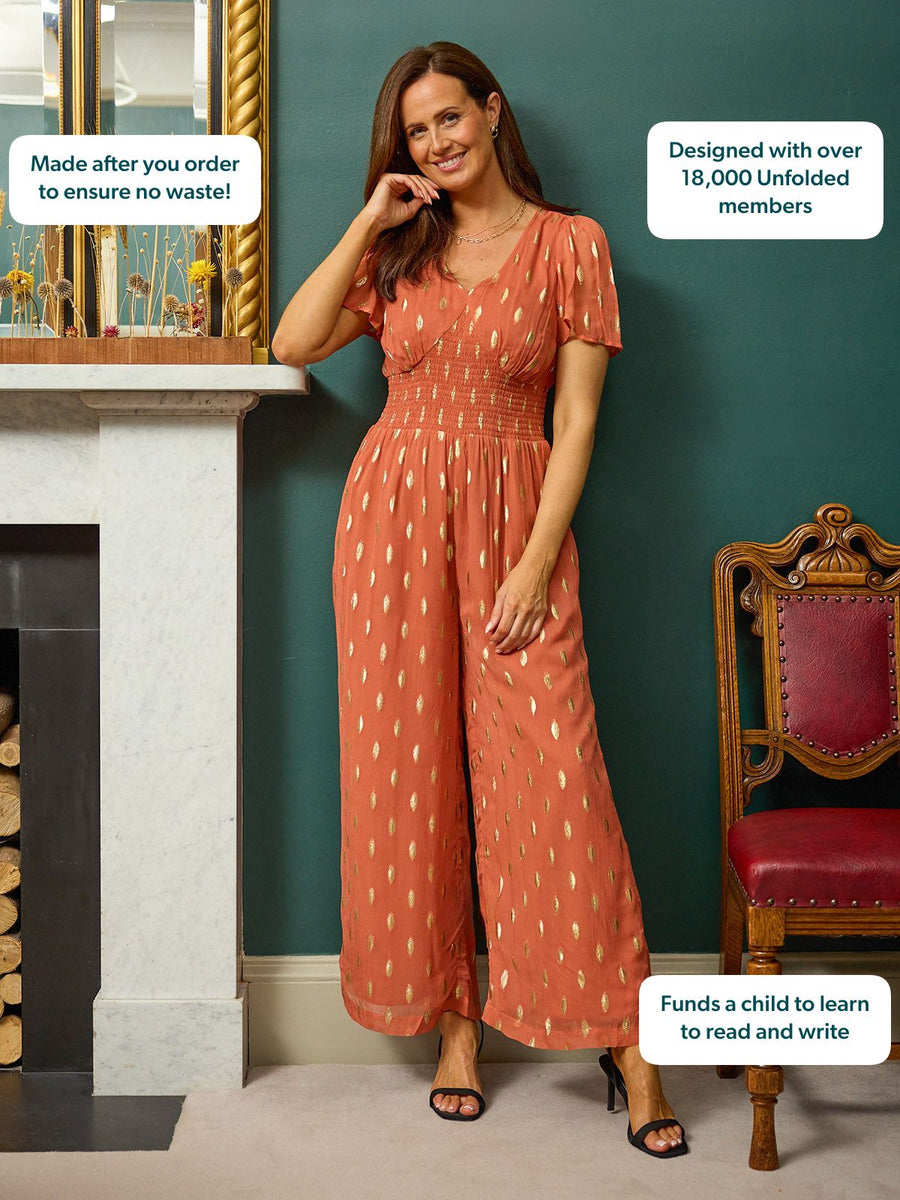 Shelly V-Neck Lurex Jumpsuit - Cinnamon & Gold