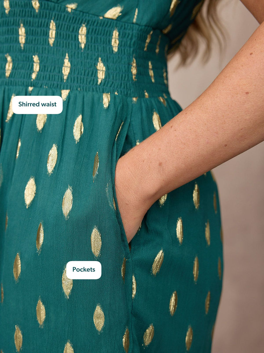 Shelly V-Neck Lurex Jumpsuit - Teal & Gold