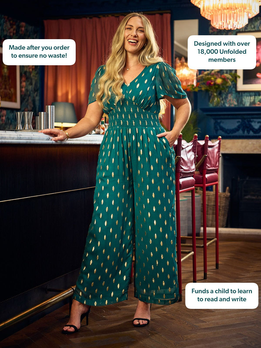 Shelly V-Neck Lurex Jumpsuit - Teal & Gold