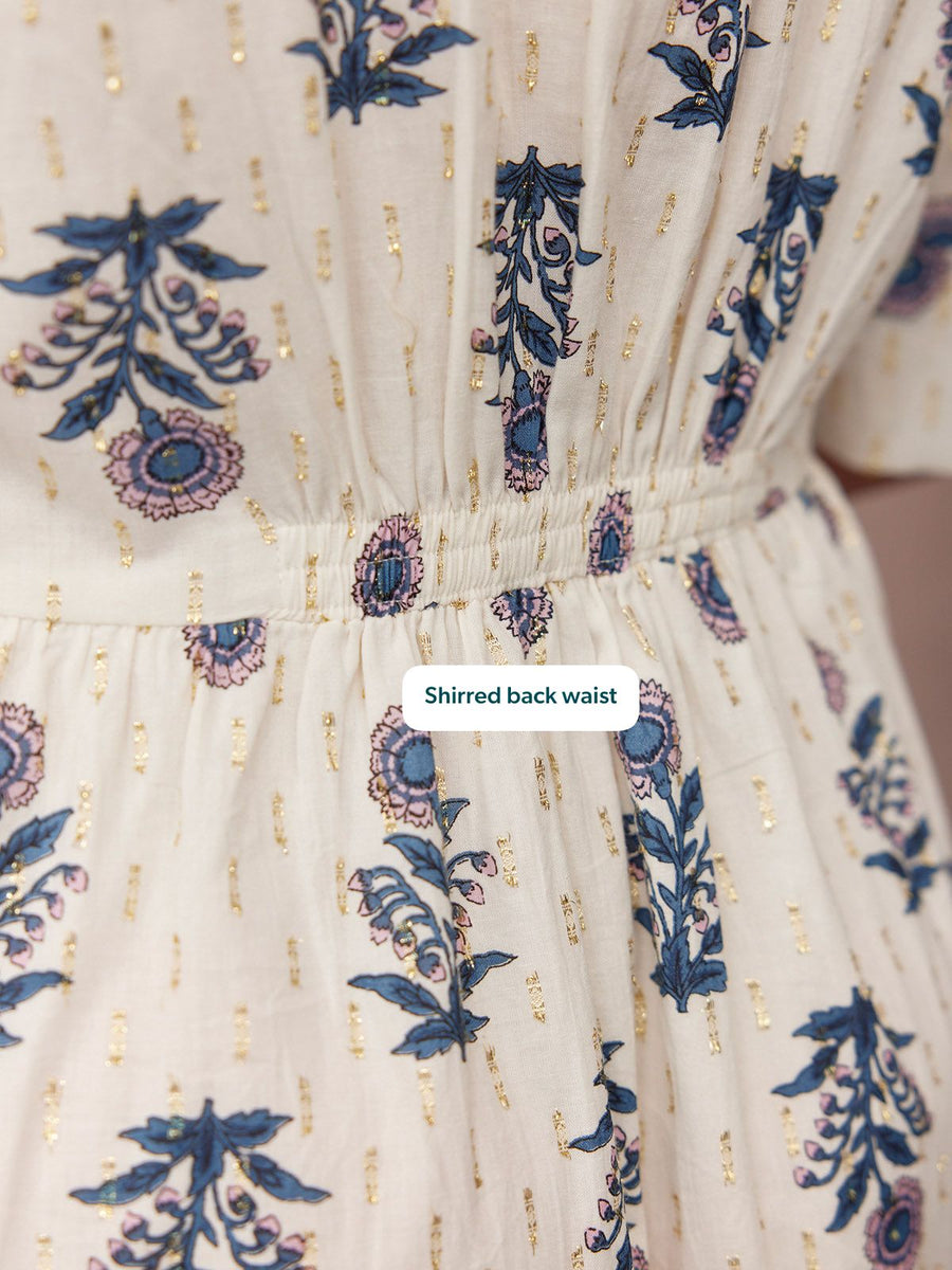 Tara Lurex Summer Dress - White & Blue Floral Print This is Unfolded Tara Lurex Summer Dress - White & Blue Floral Print This is Unfolded