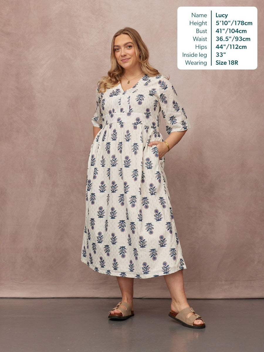 Tara Lurex Summer Dress - White & Blue Floral Print