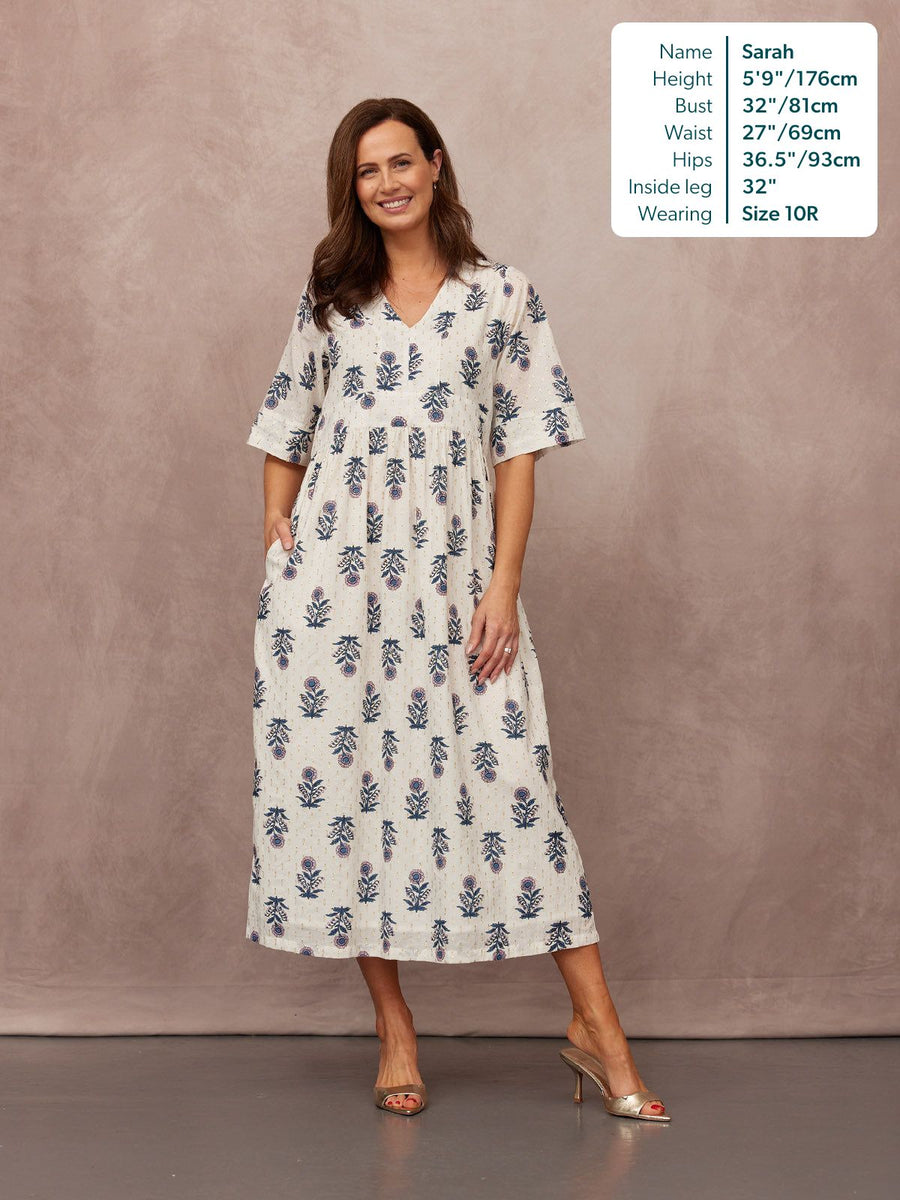 Tara Lurex Summer Dress - White & Blue Floral Print