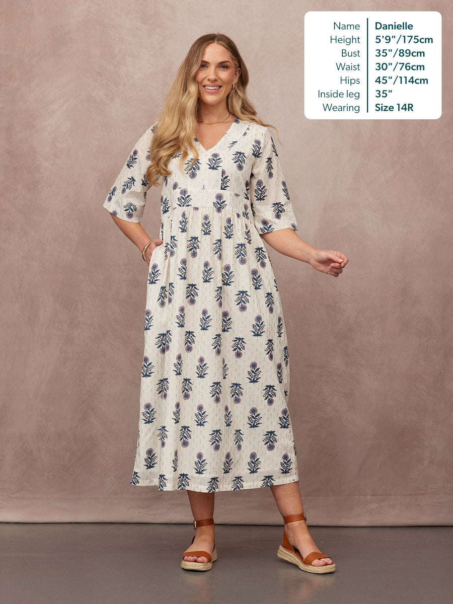 Tara Lurex Summer Dress - White & Blue Floral Print