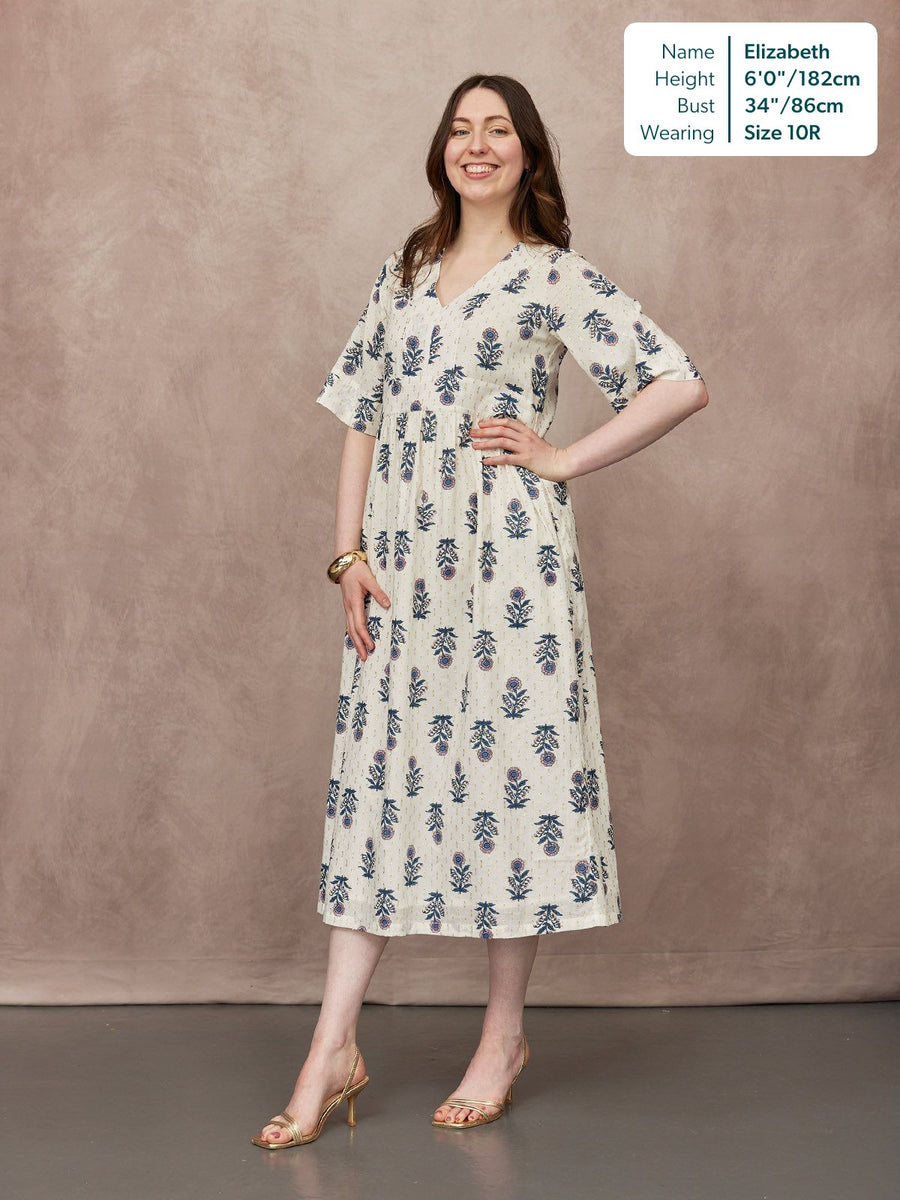 Tara Lurex Summer Dress - White & Blue Floral Print