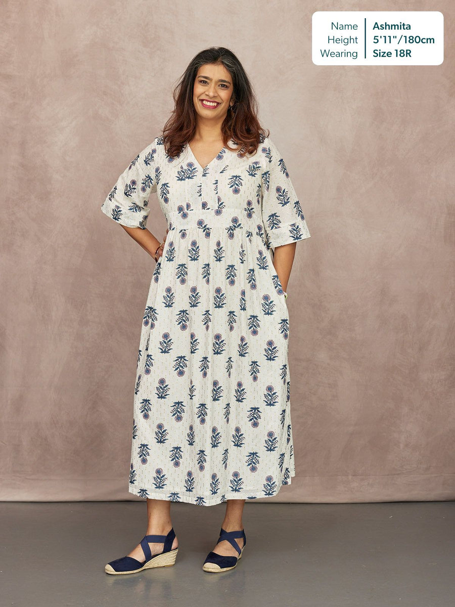 Tara Lurex Summer Dress - White & Blue Floral Print This is Unfolded Tara Lurex Summer Dress - White & Blue Floral Print This is Unfolded