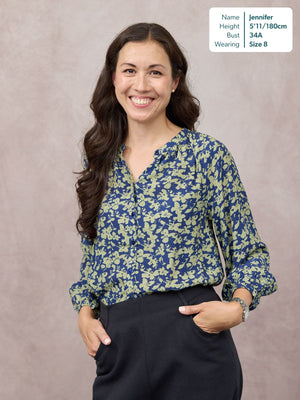 Niya Button Through Blouse - Navy & Green Leaf Print