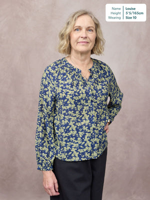 Niya Button Through Blouse - Navy & Green Leaf Print