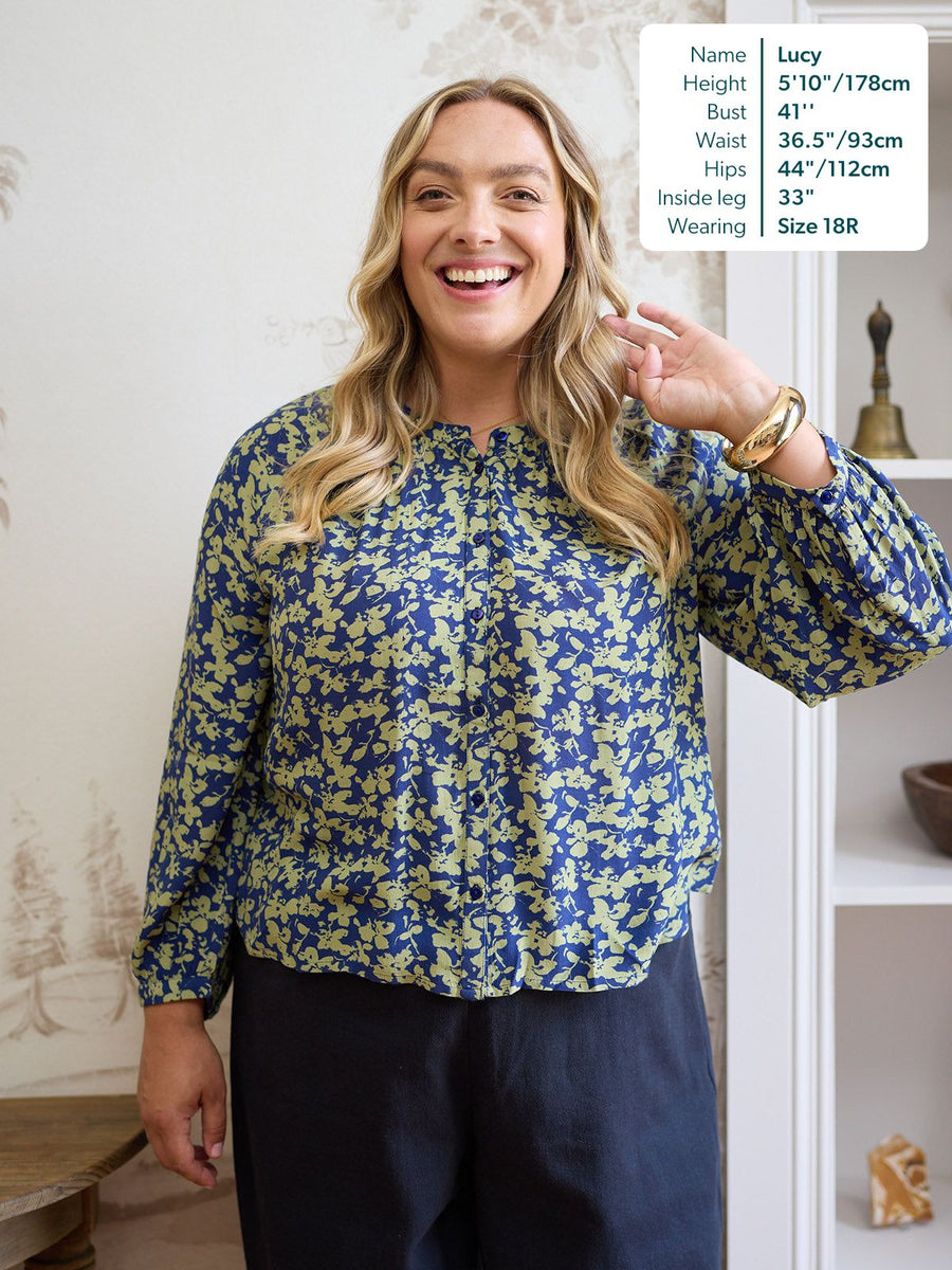 Niya Button Through Blouse - Navy & Green Leaf Print
