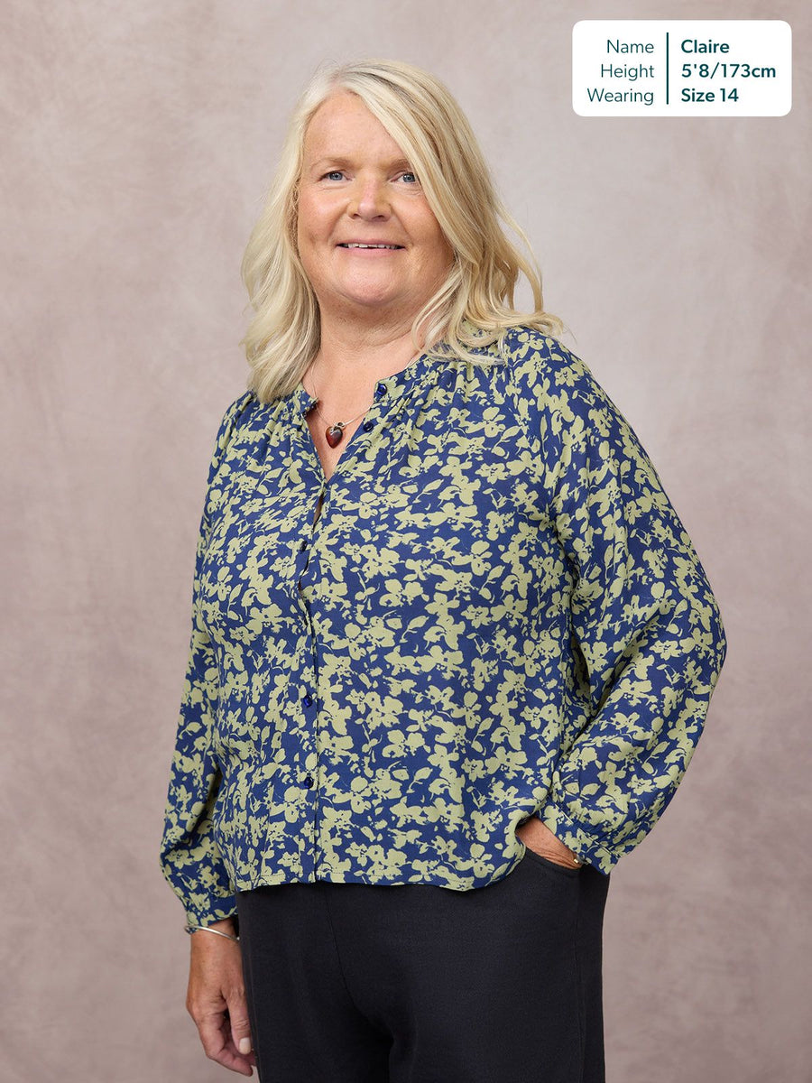 Niya Button Through Blouse - Navy & Green Leaf Print