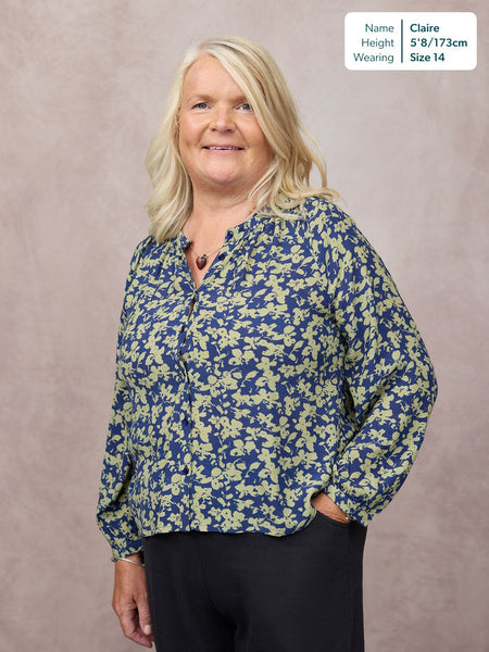 Niya Button Through Blouse - Navy & Green Leaf Print