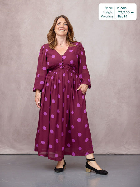 Connie Georgette Dress - Purple Spot Print