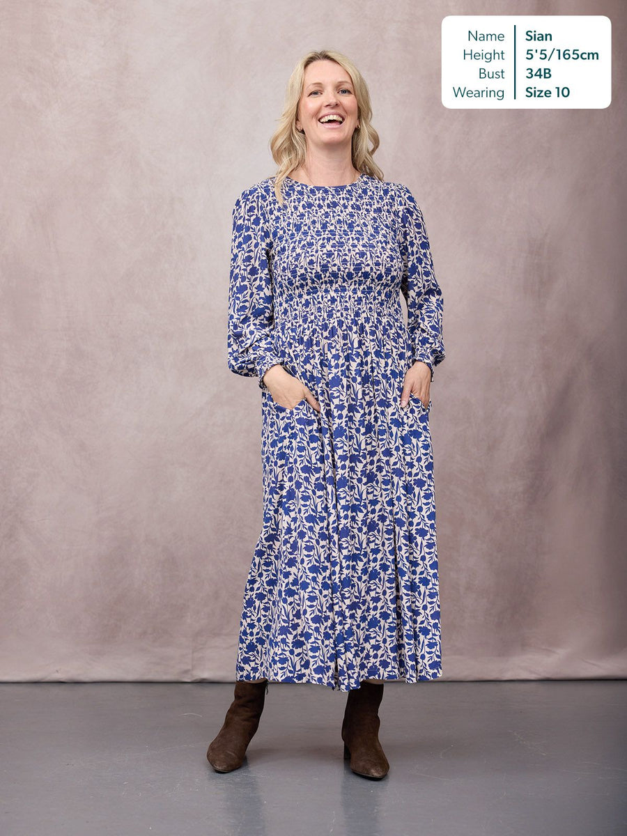 Jenny Shirred Bodice Dress - Navy Shadow Floral Print