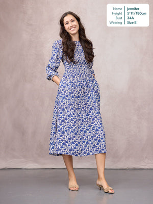 Jenny Shirred Bodice Dress - Navy Shadow Floral Print
