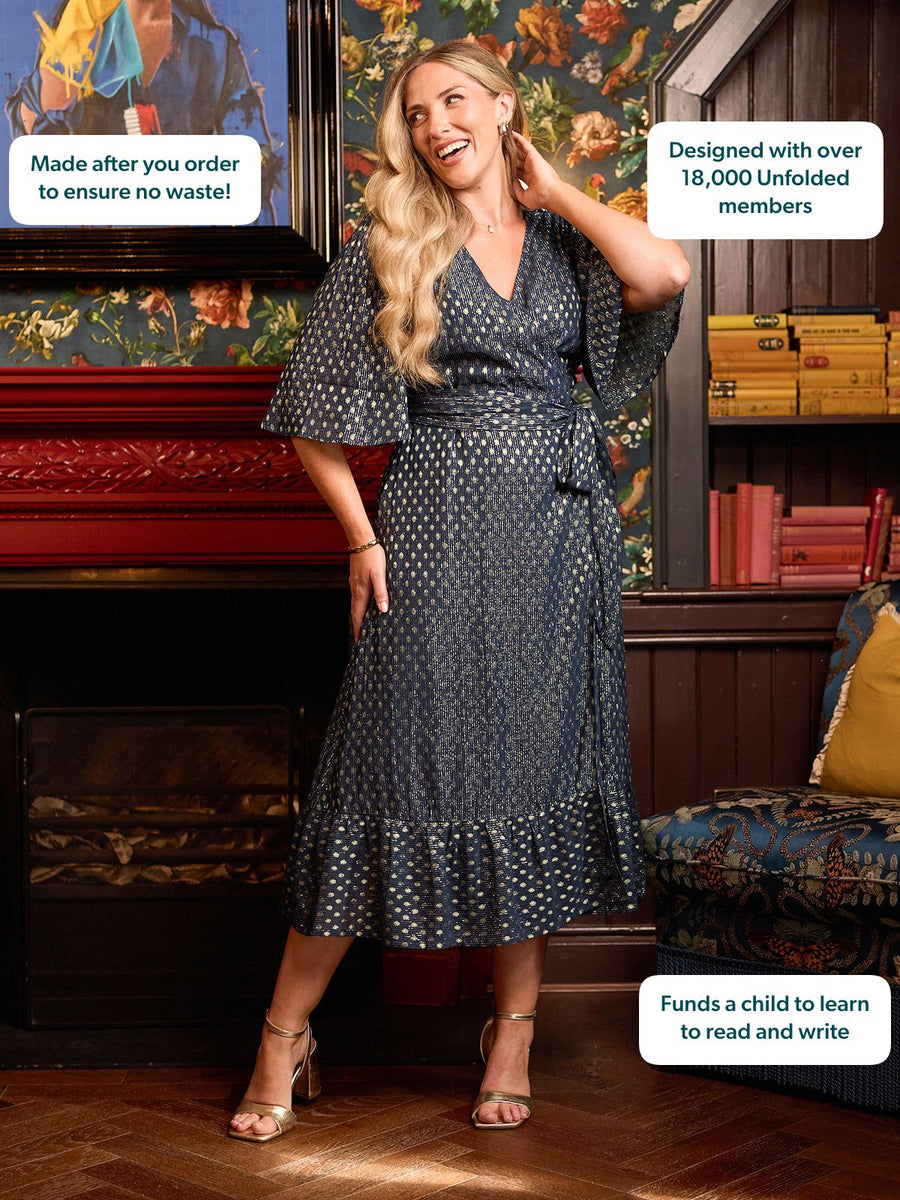 Tricia Wrap Lurex Dress - Navy, Silver & Gold