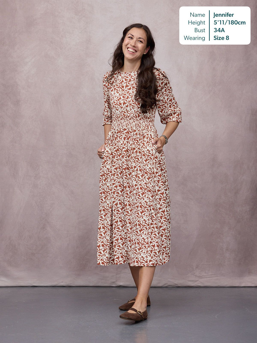 Vera Midi Dress - Terracotta & Ecru Floral Print