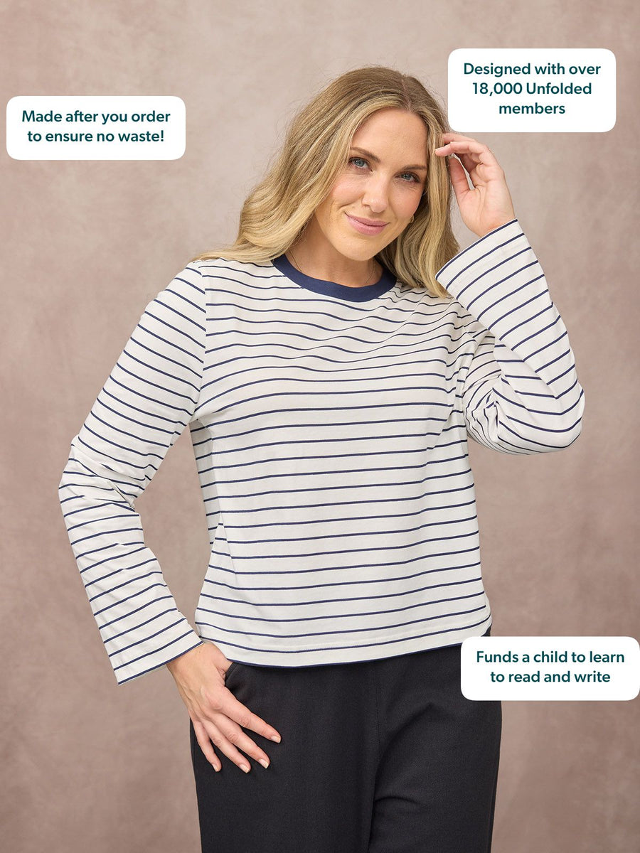 Wanda Long Sleeve Stripe Jersey Top - Off White & Navy