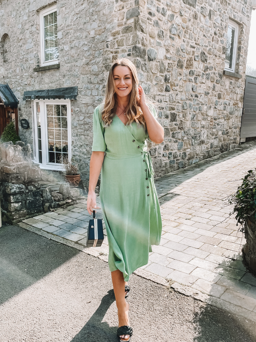 Lesley - Midi Button Wrap Dress - Green