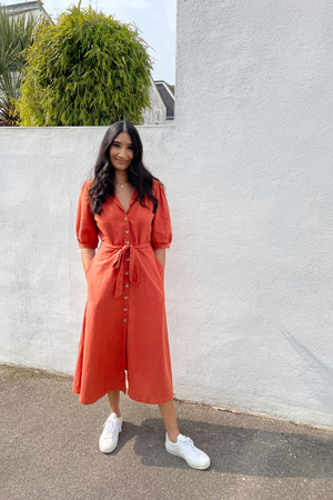 Michelle - Short Sleeve Shirt Dress - Red/Orange