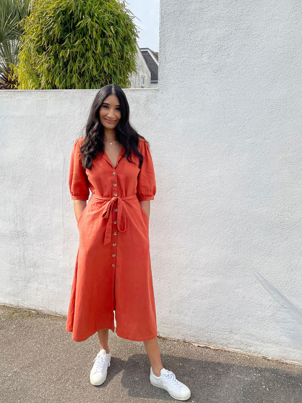 Michelle - Short Sleeve Shirt Dress - Red/Orange