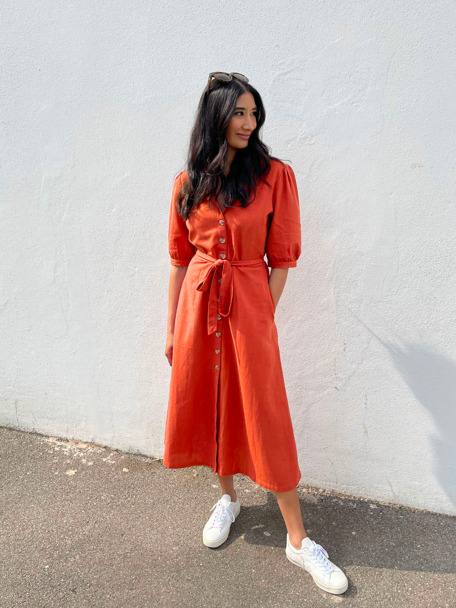 Michelle - Short Sleeve Shirt Dress - Red/Orange