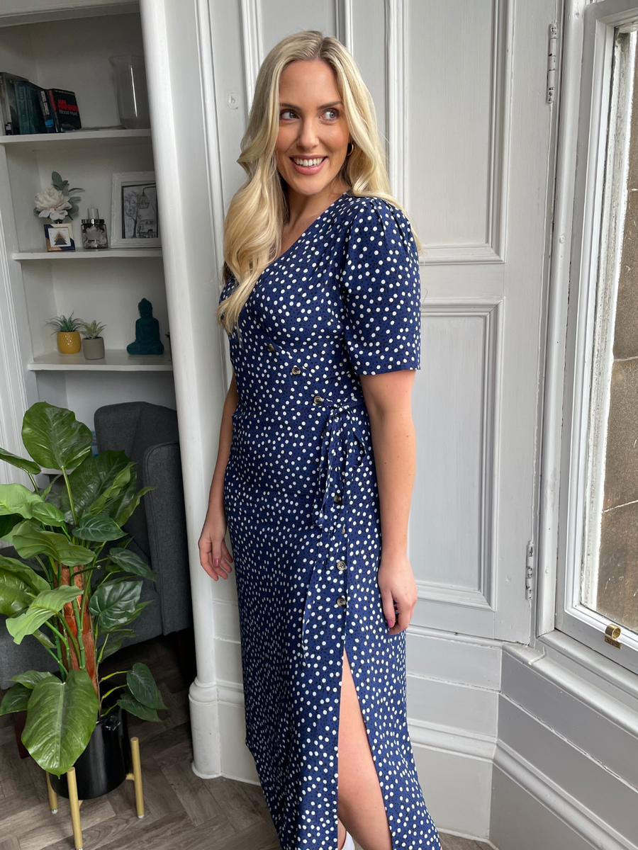 Lesley - Midi Button Wrap Dress - Blue Polkadot