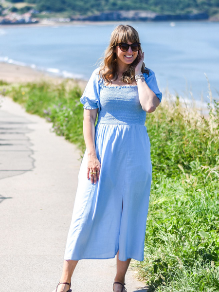 Katie - Shirred Bodice Midi Dress - Blue