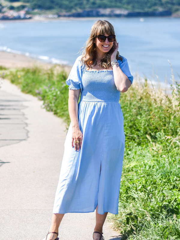 Katie - Shirred Bodice Midi Dress - Blue